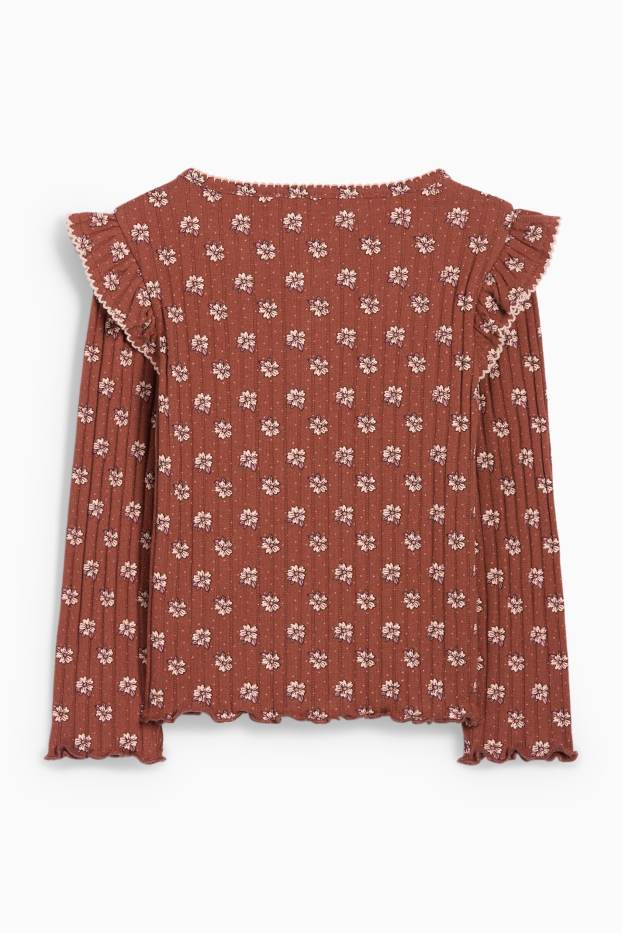 Copii - Fete - Tricou cu mânecă lungă - reiat - cu flori - maro