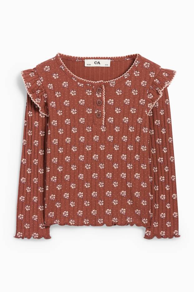 Copii - Fete - Tricou cu mânecă lungă - reiat - cu flori - maro