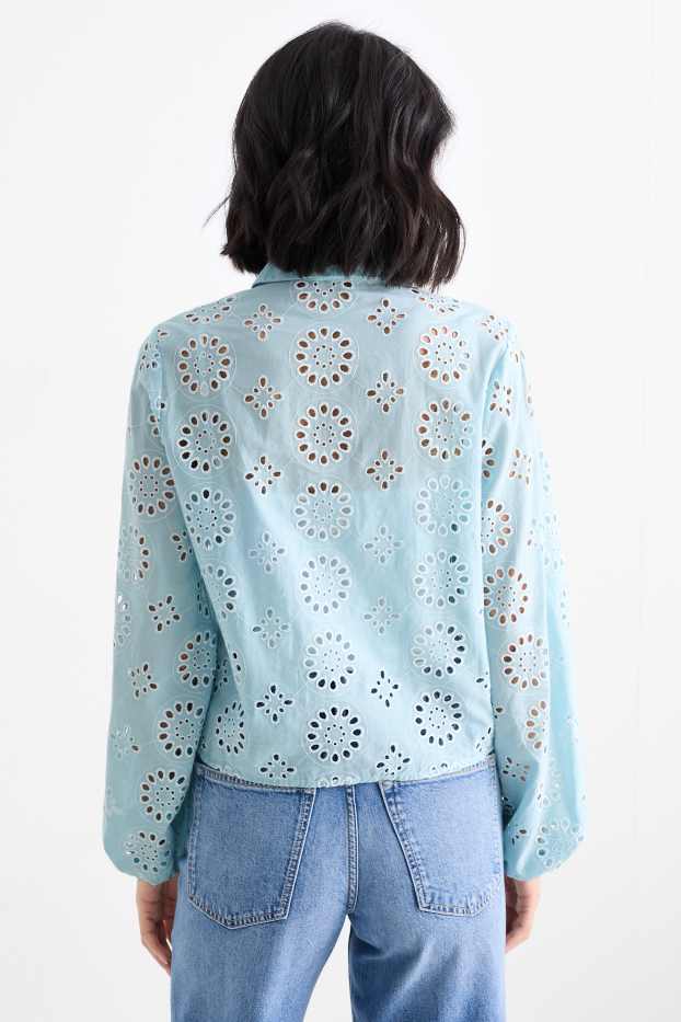 Femei - Bluză - broderie englezească - turcoaz