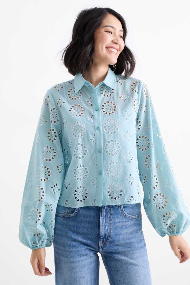 Femei - Bluză - broderie englezească - turcoaz