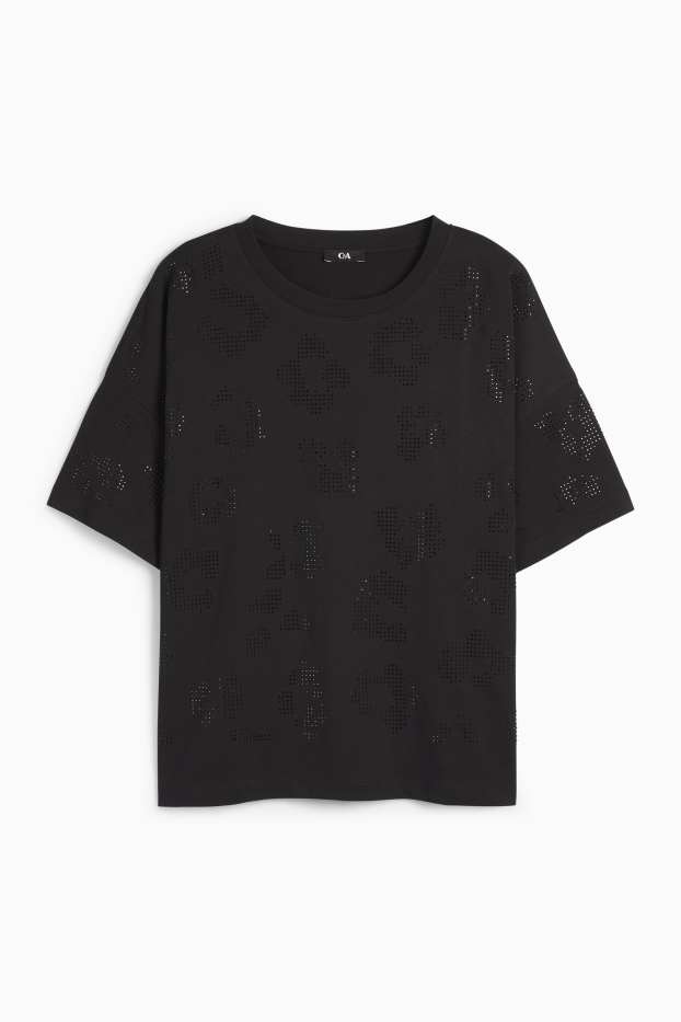 Femei - Tricou cu ștrasuri - regular fit - negru