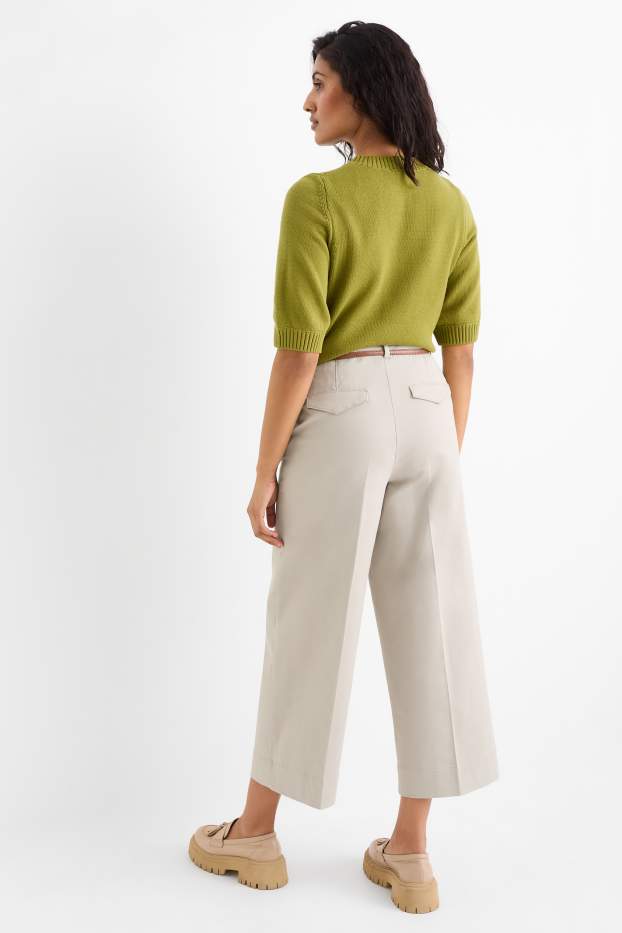 Femei - Pantaloni de stofă cu curea - talie înaltă - wide leg - bej