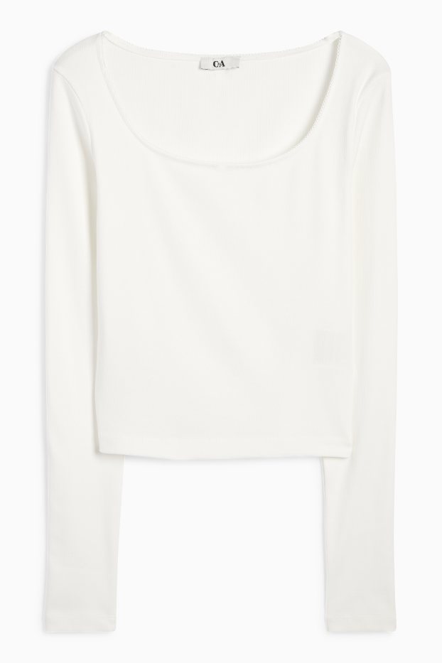 Femei - Tricou crop cu mânecă lungă - reiat - alb