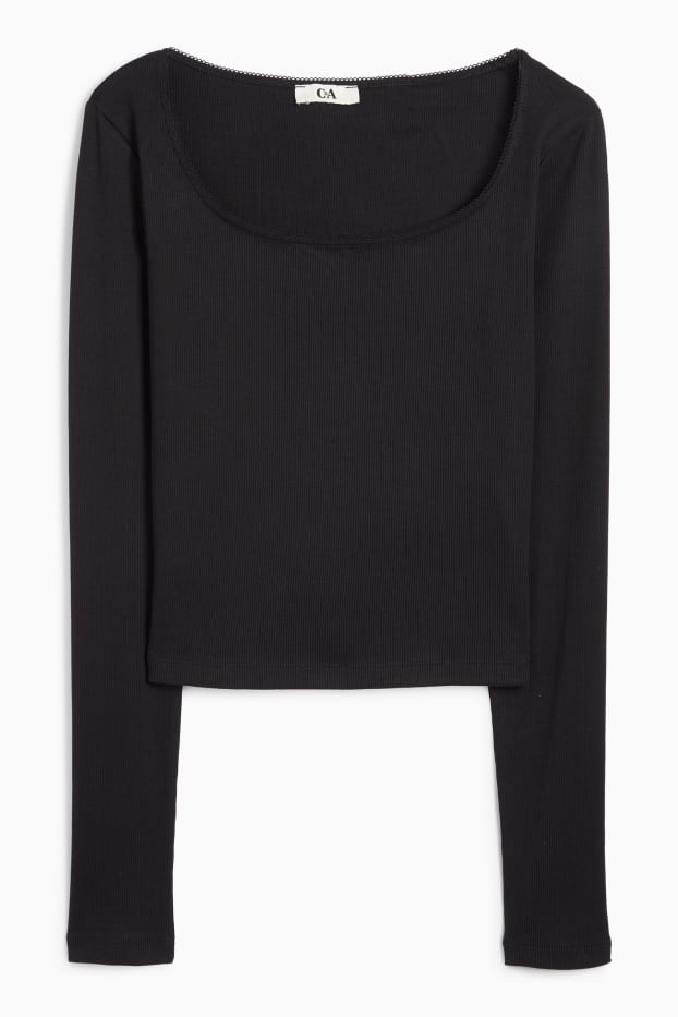 Femei - Tricou crop cu mânecă lungă - reiat - negru