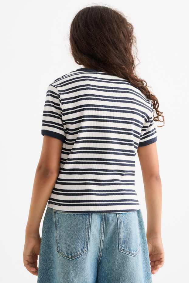 Children Girls - Short sleeve T-shirt - ribbed - striped - dark blue