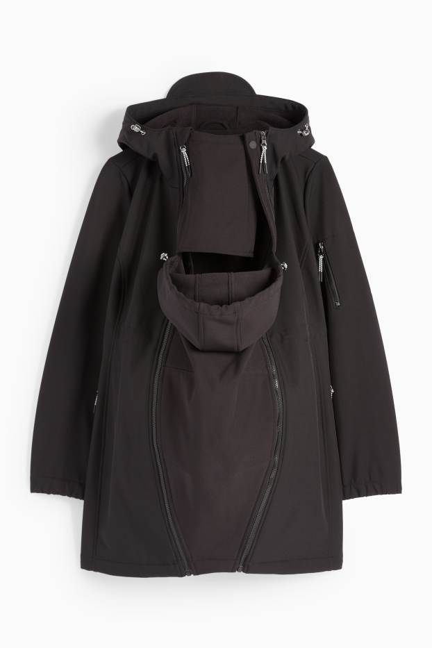 Femei - Geacă softshell gravide, cu glugă și cu inserție pentru bebeluși - negru
