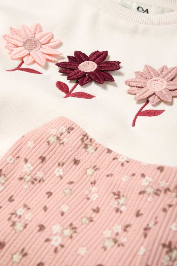 Children Girls - Floral - set - sweatshirt and flared leggings - 2 piece - white / rose