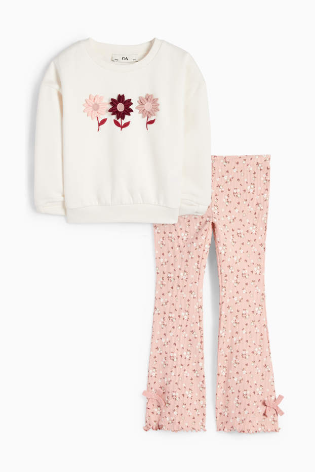 Children Girls - Floral - set - sweatshirt and flared leggings - 2 piece - white / rose