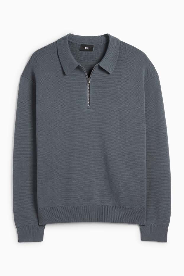 Bărbați - Tricou polo cu mânecă lungă - din tricot - gri închis