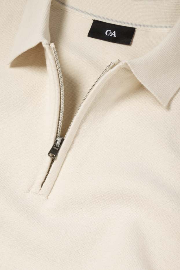Bărbați - Tricou polo cu mânecă lungă - tricotat - alb-crem