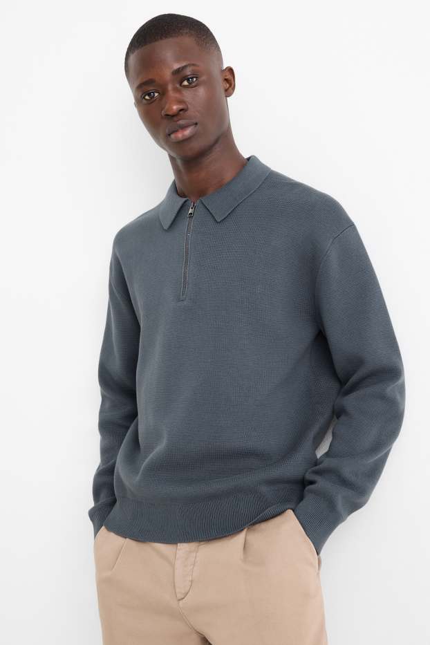 Bărbați - Tricou polo cu mânecă lungă - din tricot - gri închis