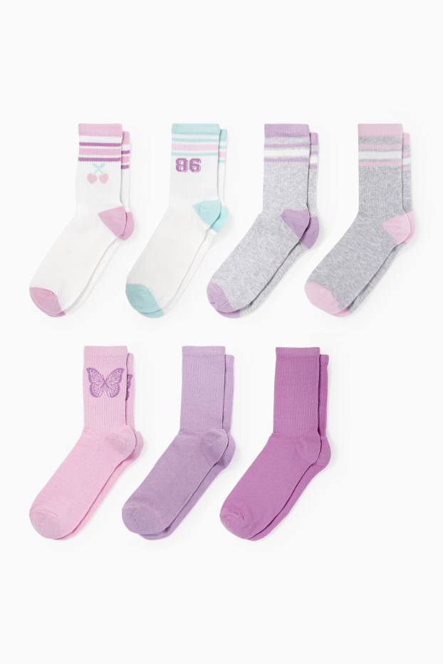 Copii - Fete - Multipack 7 perechi - fluture și cireașă - șosete cu motive - gri
