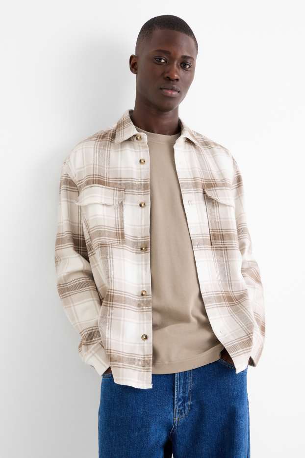 Bărbați - Cămașă din flanel - relaxed fit - guler Kent - în carouri - bej