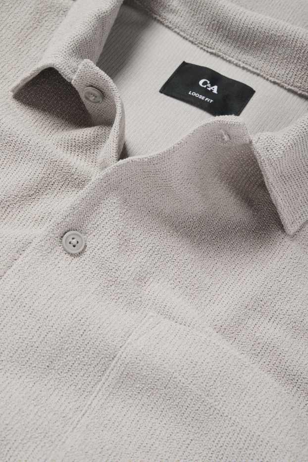 Men - Knitted shirt - loose fit - lapel collar - ribbed - gray