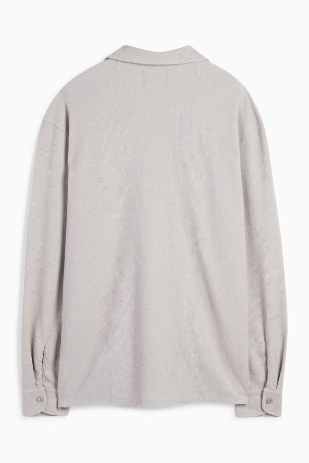 Men - Knitted shirt - loose fit - lapel collar - ribbed - gray