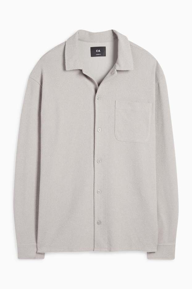 Men - Knitted shirt - loose fit - lapel collar - ribbed - gray