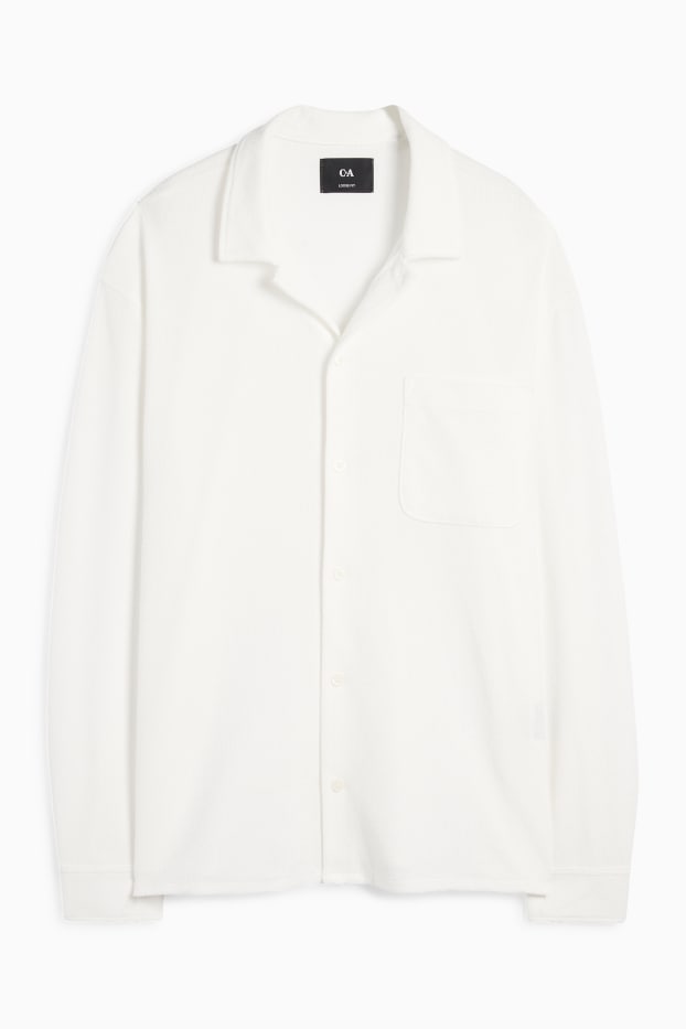 Men - Knitted shirt - loose fit - lapel collar - ribbed - cremewhite