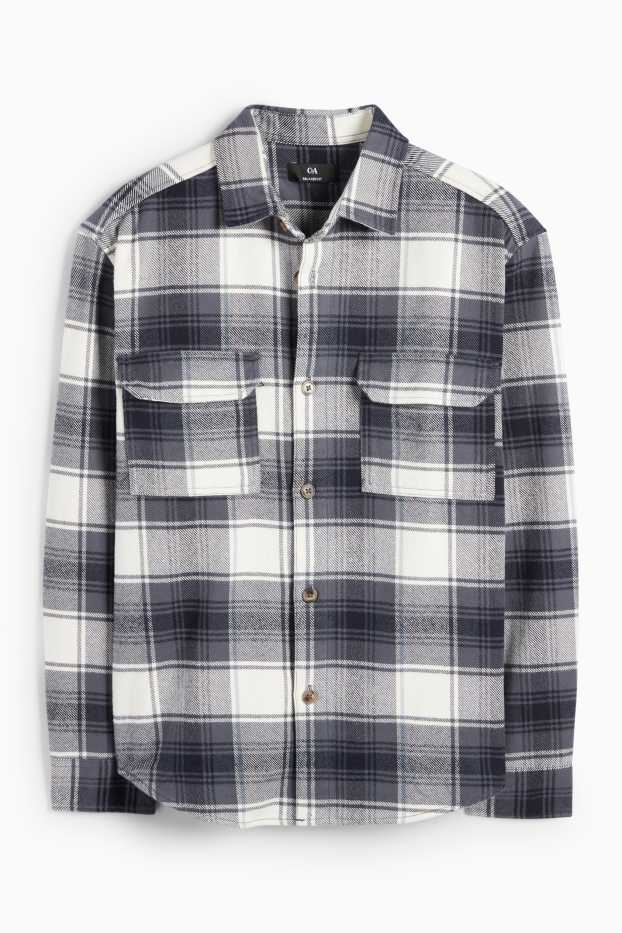 Men - Flannel shirt - regular fit - kent collar - check - dark blue