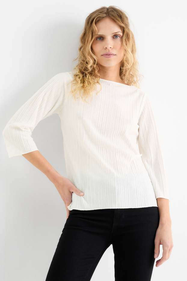 Femei - Tricou plisat cu mânecă lungă - alb