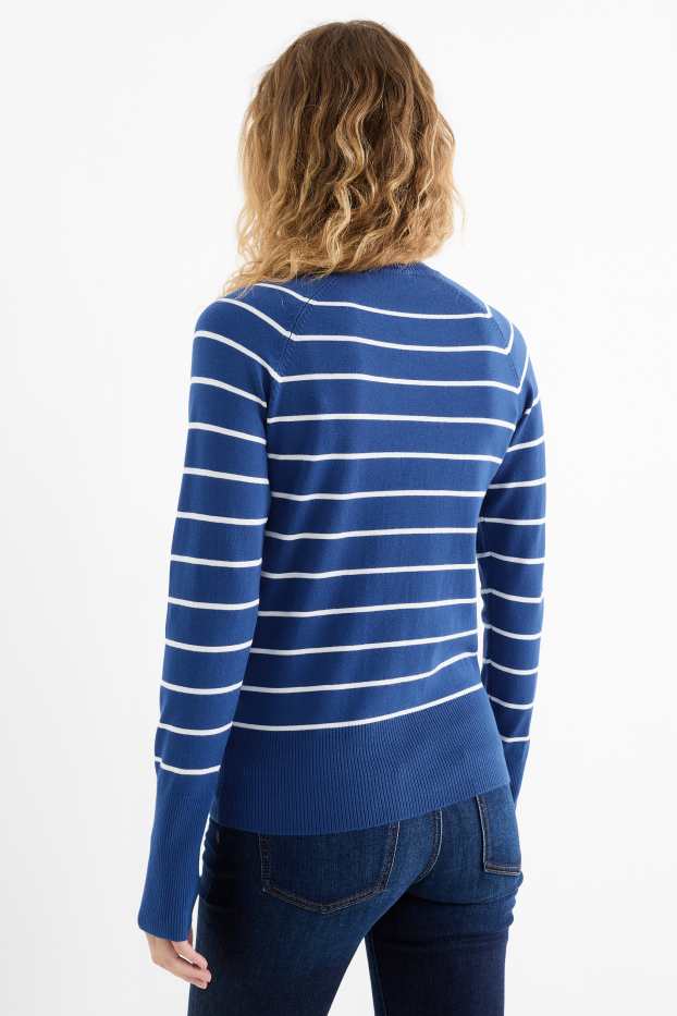 Femei - Pulover din tricot fin - cu dungi - albastru / alb