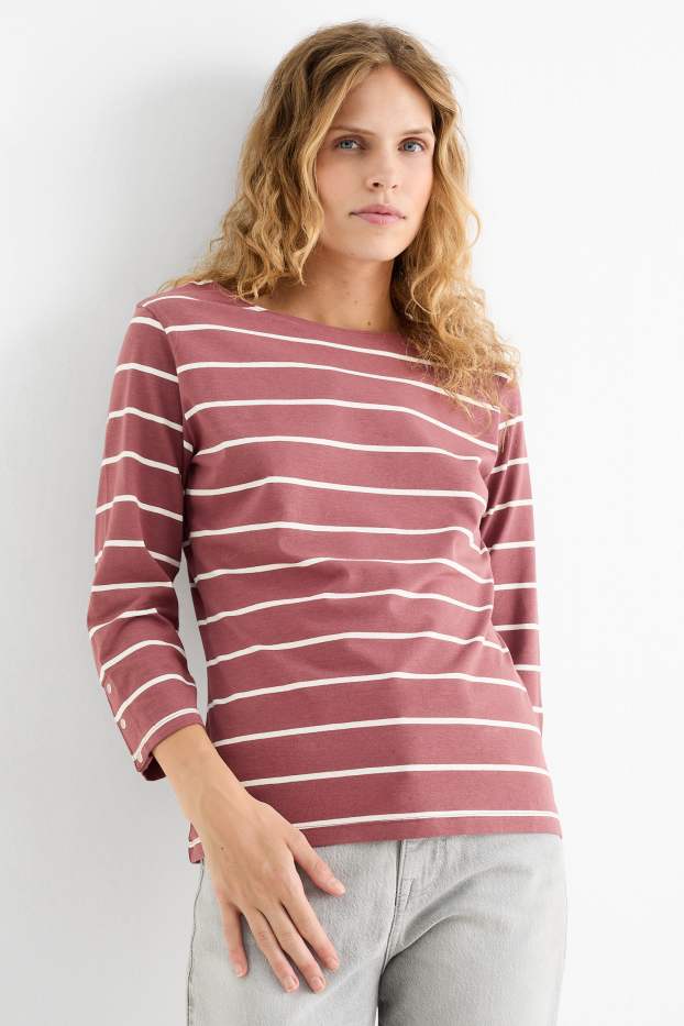 Femei - Tricou cu mânecă lungă - cu dungi - roz închis