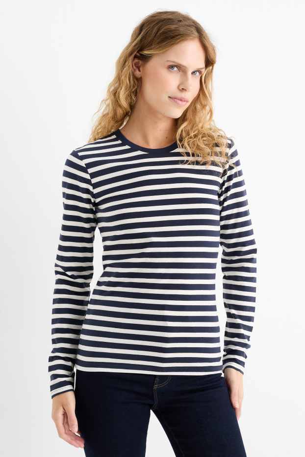 Dames - Longsleeve - gestreept - donkerblauw / wit