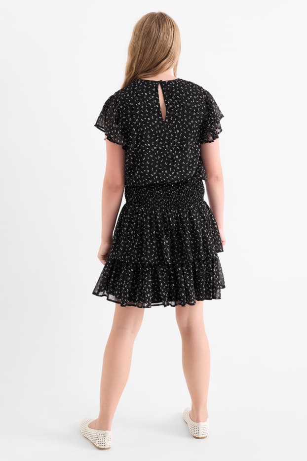 Copii - Fete - Rochie din șifon - cu flori - negru