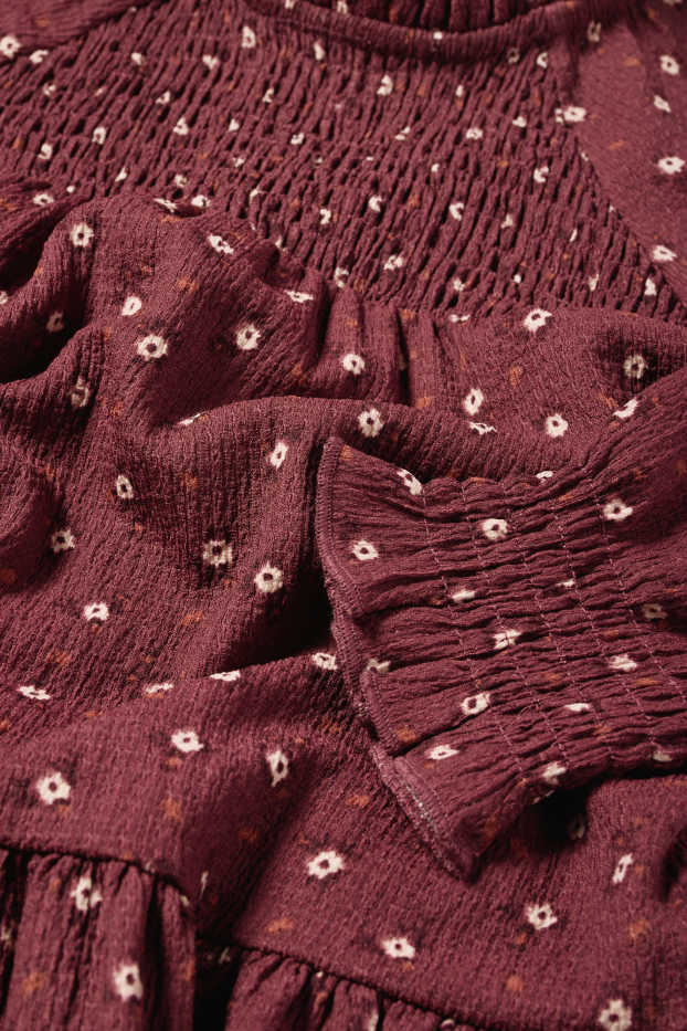 Copii - Fete - Rochie - cu flori - structurată - cu fronseuri - vișiniu