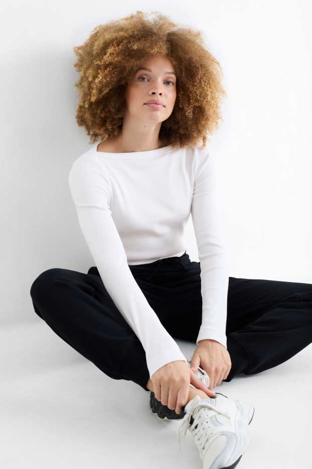 Damen - Langarmshirt - Slim Fit - gerippt - weiss