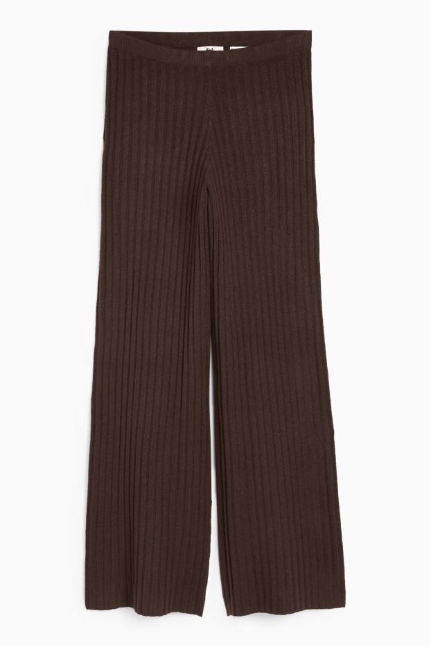 Women - Knitted trousers - low-rise waist - ribbed - dark brown