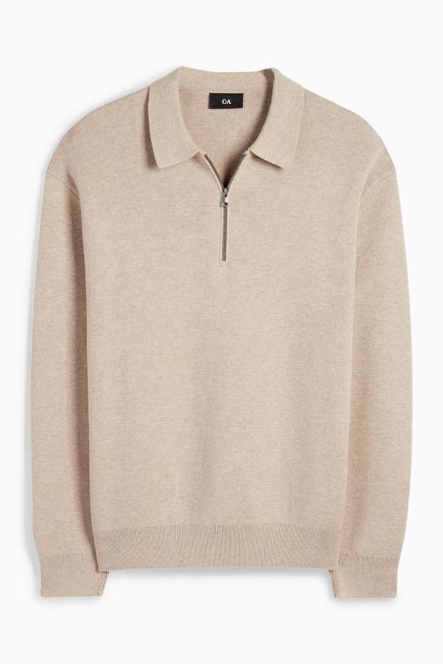 Bărbați - Tricou polo cu mânecă lungă - din tricot - bej deschis