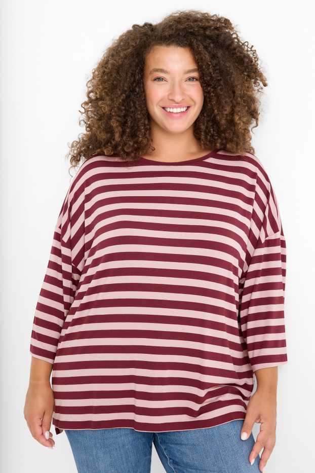 Femei - Tricou - regular fit - cu dungi - roz / roșu închis