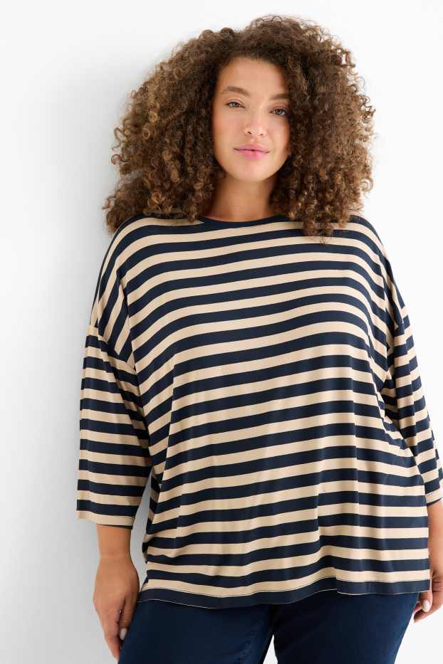 Femei - Tricou - regular fit - cu dungi - albastru / bej