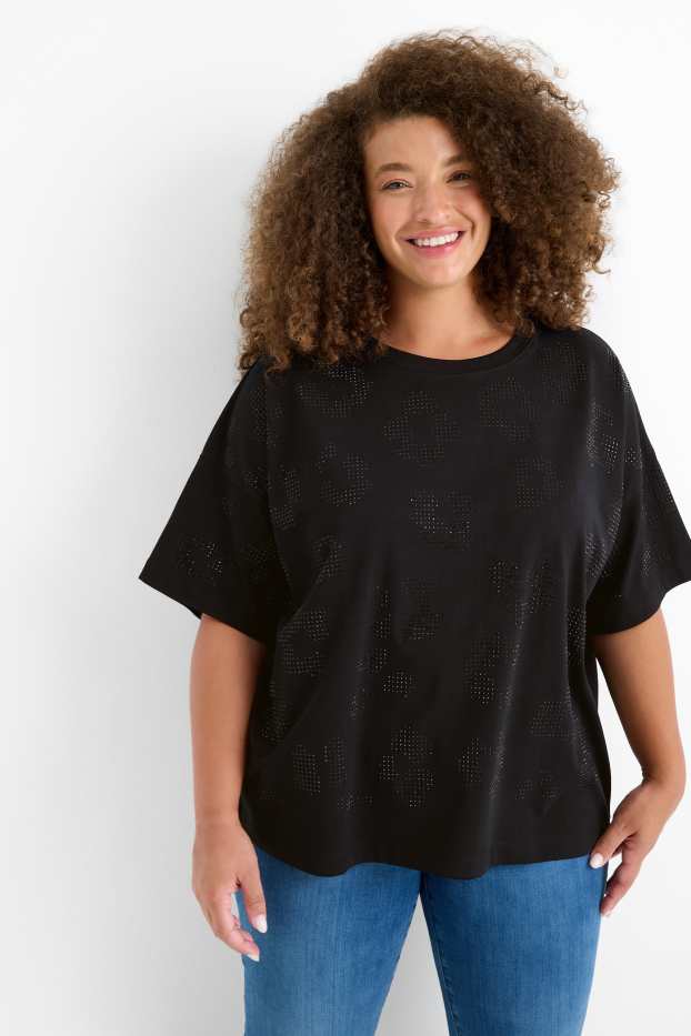 Femei - Tricou cu ștrasuri - regular fit - negru
