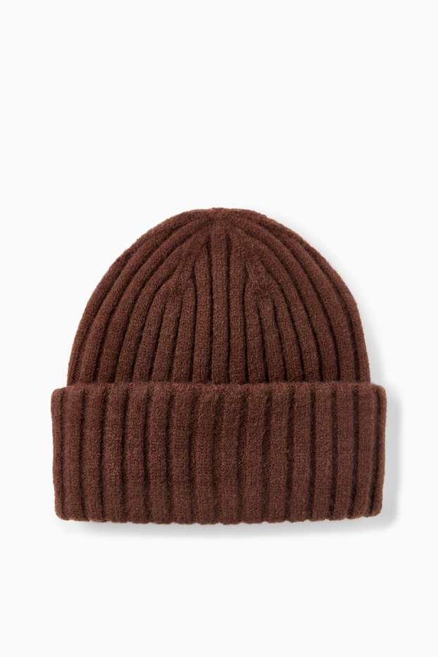 Dámské - Pletená čepice - žebrovaná - tmavohnědá