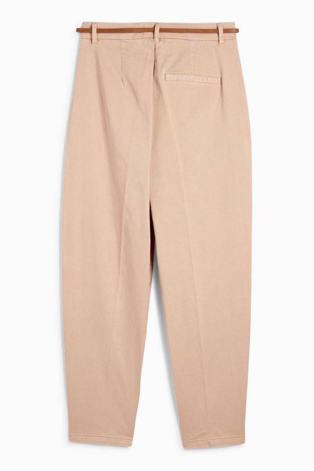 Women - Cloth trousers with belt - high waist - barrel leg - beige