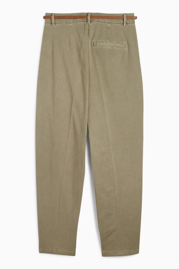 Women - Cloth trousers with belt - high waist - barrel leg - khaki