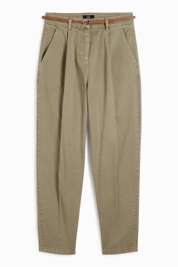 Women - Cloth trousers with belt - high waist - barrel leg - khaki