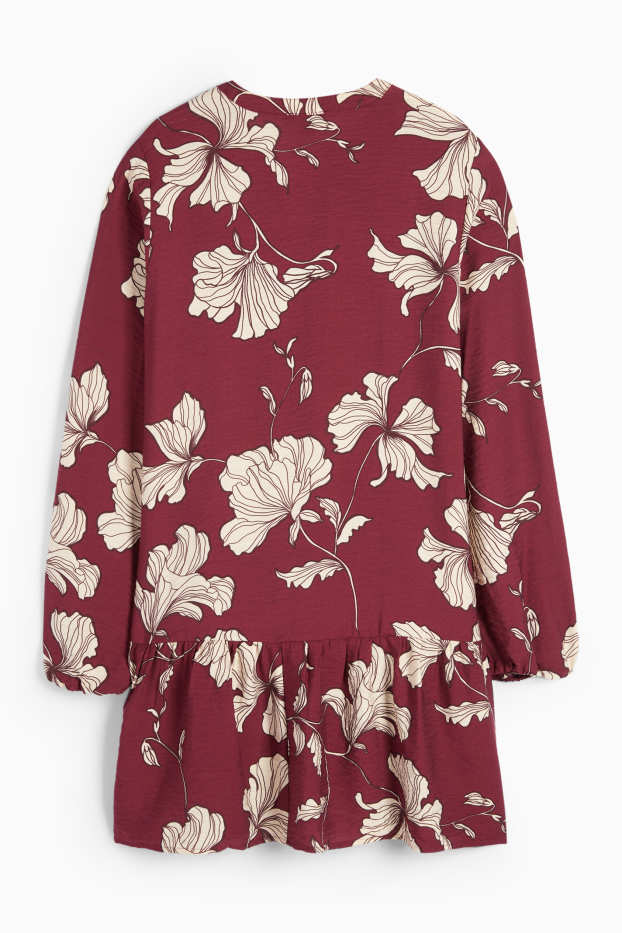 Femei - Rochie cu decolteu în V - cu flori - bordo