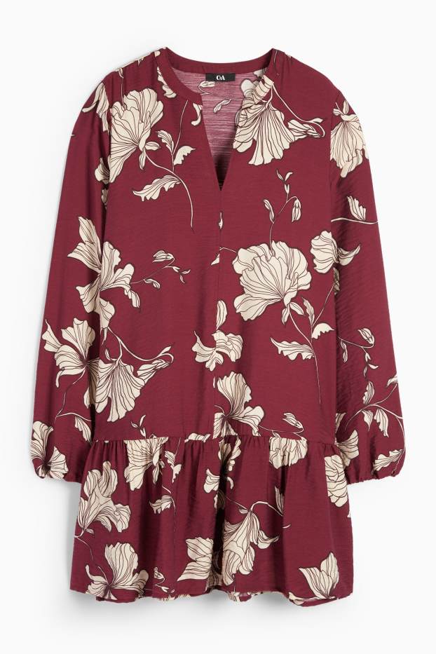 Femei - Rochie cu decolteu în V - cu flori - bordo