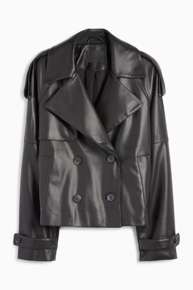 Femei - Trenci crop - imitație de piele - negru