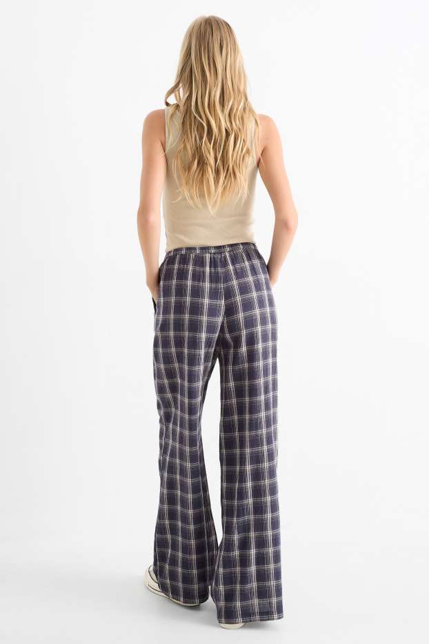 Femei - Pantaloni de stofă - talie medie - wide leg - în carouri - albastru închis