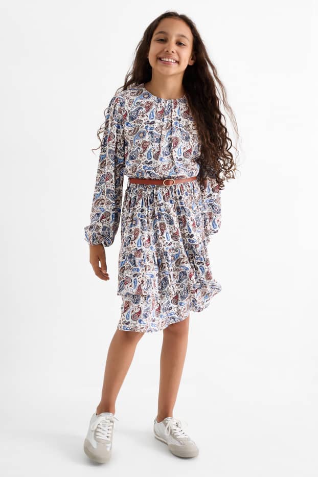 Copii - Fete - Rochie cu curea - cu model - albastru