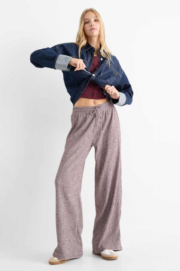 Women - Jersey trousers - mid-rise waist - wide leg - check - white / dark red