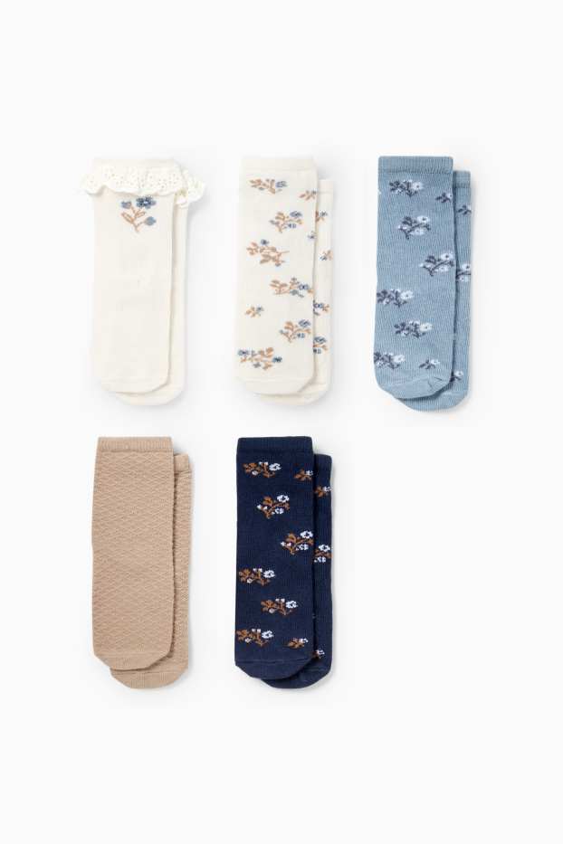 Bebeluși - fete - Multipack 5 perechi - floricele - șosete bebeluși cu motive - albastru / bej