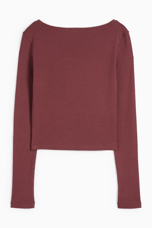 Femei - Tricou crop cu mânecă lungă - reiat - bordo