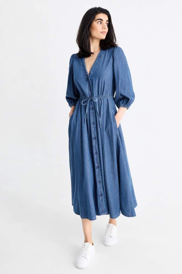 Femei - Rochie din denim cu decolteu în V - albastru închis