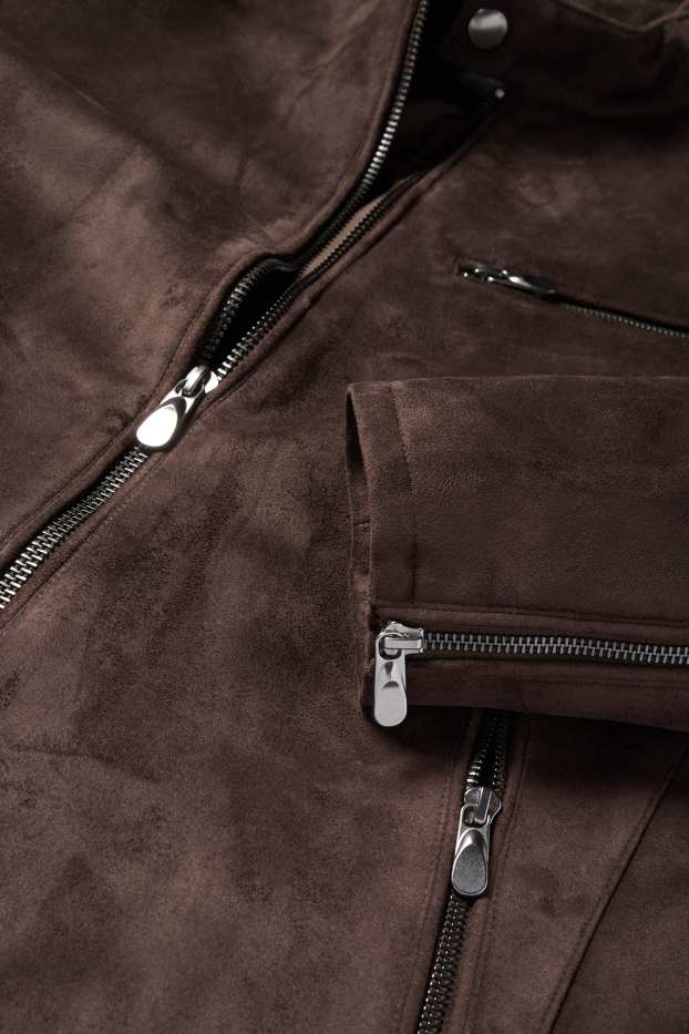 Men - Biker jacket - faux suede - dark brown