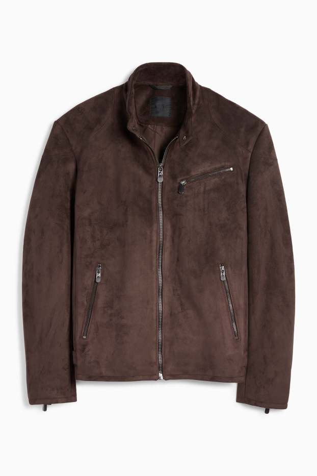 Men - Biker jacket - faux suede - dark brown