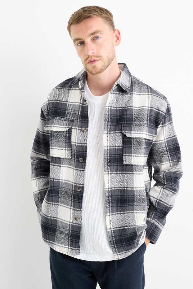 Men - Flannel shirt - regular fit - kent collar - check - dark blue
